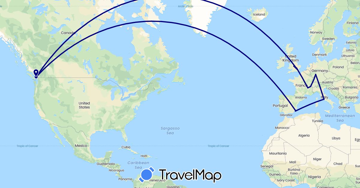 TravelMap itinerary: driving in Canada, Switzerland, Germany, Spain, France, United Kingdom, Vatican City (Europe, North America)